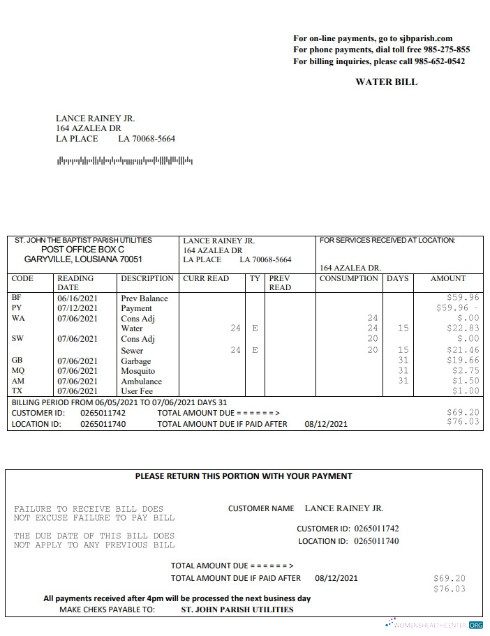 download USA Louisiana St. John the Baptist Parish water bill in Word and PDF format PDF template